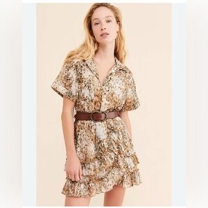 Anthropologie Steele Ava Mini Dress brown cream stretch waist ruffle belted